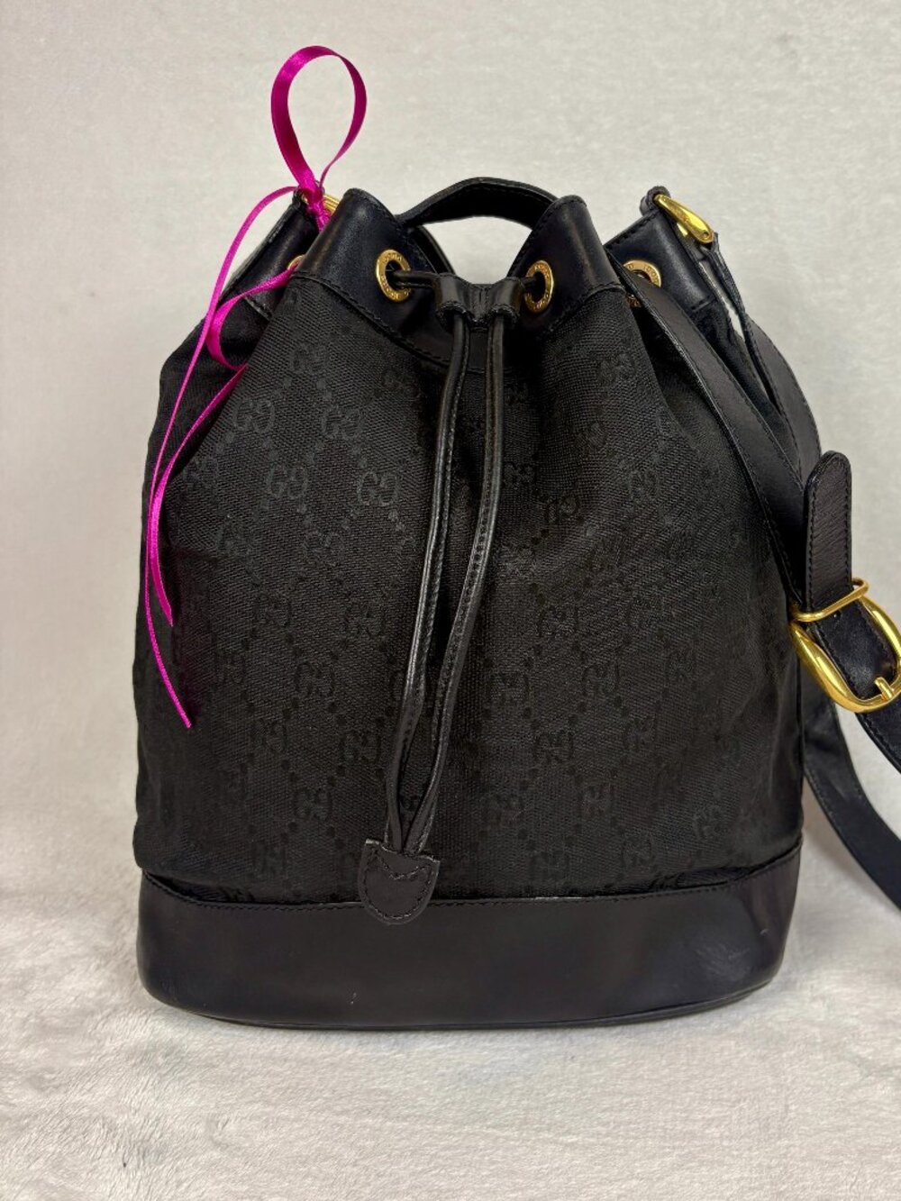Vintage Gucci GG Monogram Bucket Shoulder Bag in Black Canvas